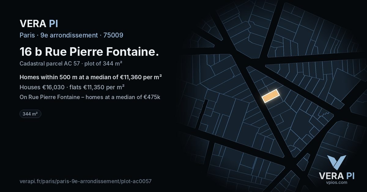 16 b Rue Pierre Fontaine, 9e arrondissement at night – the plot lit, the parcels around coloured by the prices near them