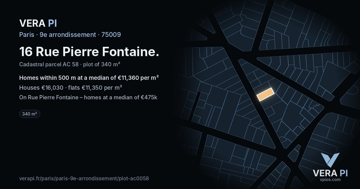16 Rue Pierre Fontaine, 9e arrondissement at night – the plot lit, the parcels around coloured by the prices near them