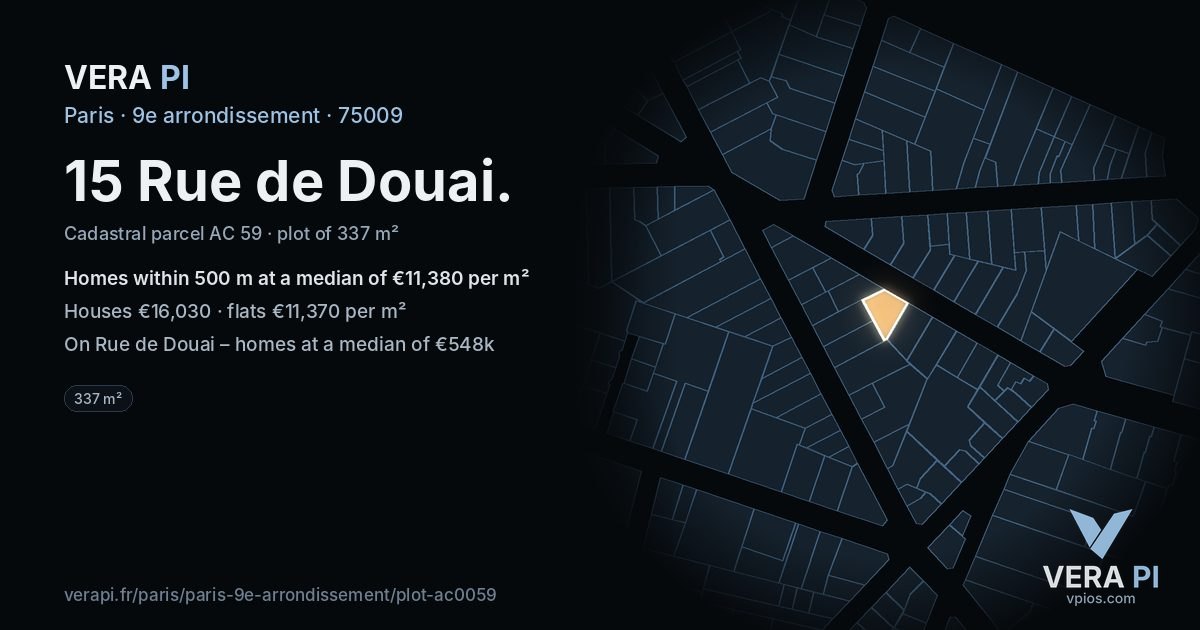15 Rue de Douai, 9e arrondissement at night – the plot lit, the parcels around coloured by the prices near them