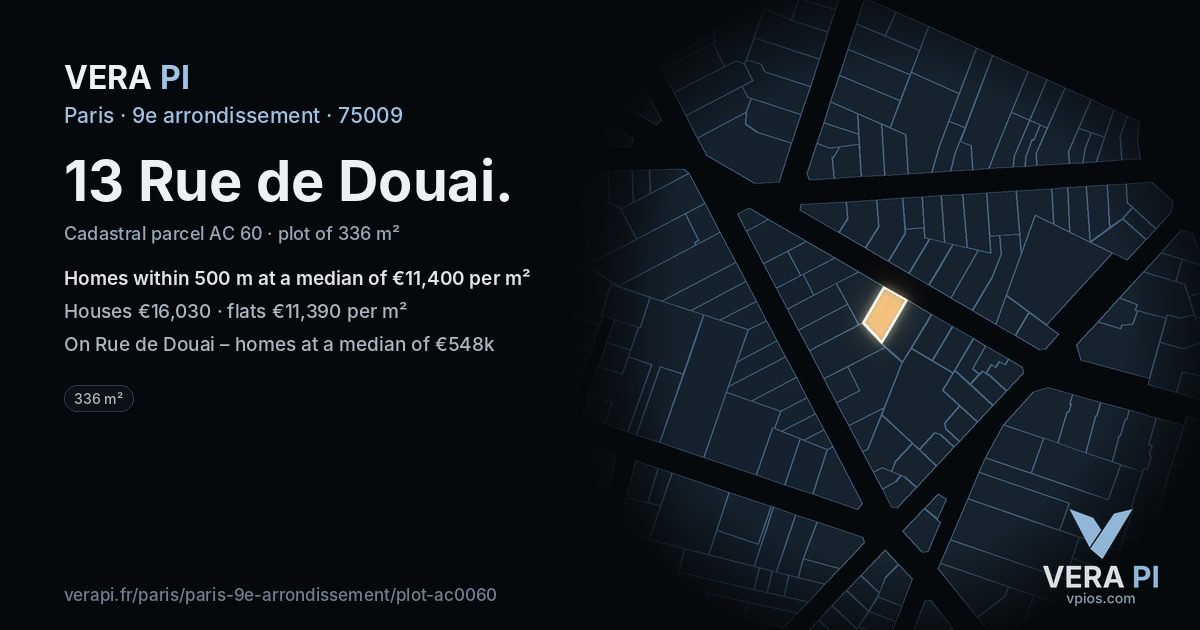 13 Rue de Douai, 9e arrondissement at night – the plot lit, the parcels around coloured by the prices near them