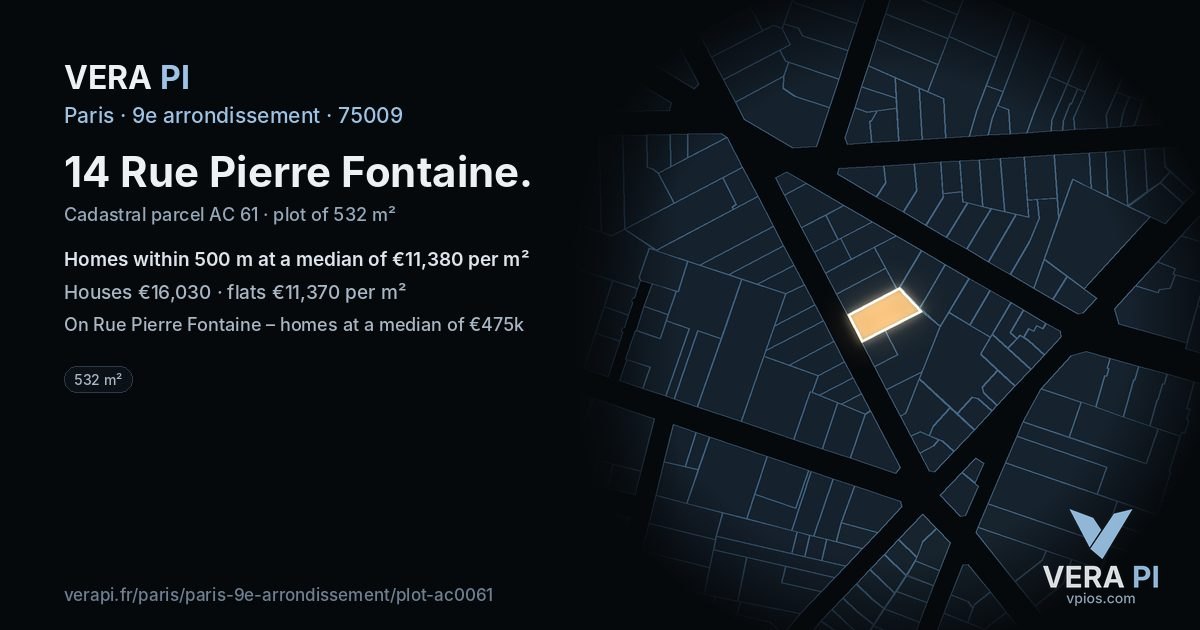 14 Rue Pierre Fontaine, 9e arrondissement at night – the plot lit, the parcels around coloured by the prices near them