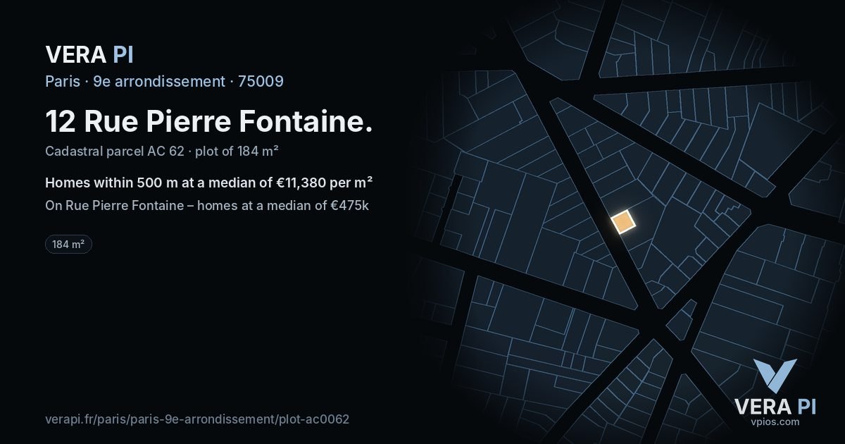 12 Rue Pierre Fontaine, 9e arrondissement at night – the plot lit, the parcels around coloured by the prices near them