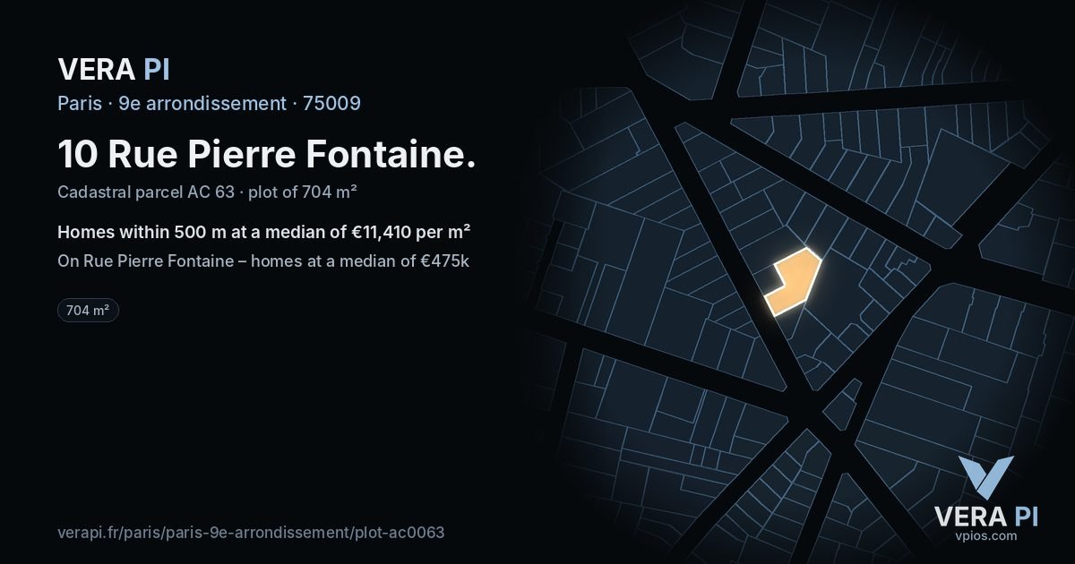 10 Rue Pierre Fontaine, 9e arrondissement at night – the plot lit, the parcels around coloured by the prices near them