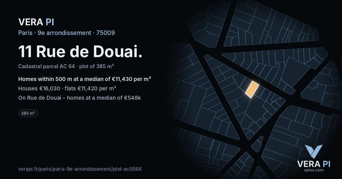 11 Rue de Douai, 9e arrondissement at night – the plot lit, the parcels around coloured by the prices near them