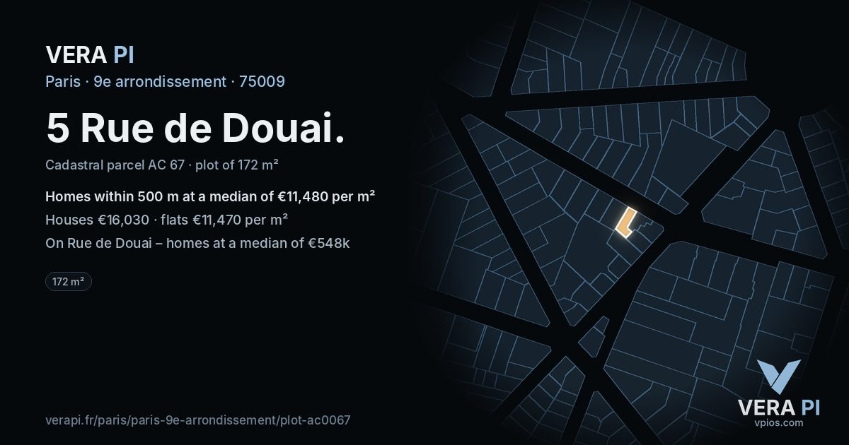 5 Rue de Douai, 9e arrondissement at night – the plot lit, the parcels around coloured by the prices near them