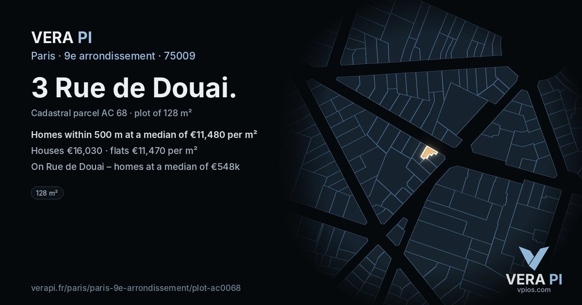 3 Rue de Douai, 9e arrondissement at night – the plot lit, the parcels around coloured by the prices near them