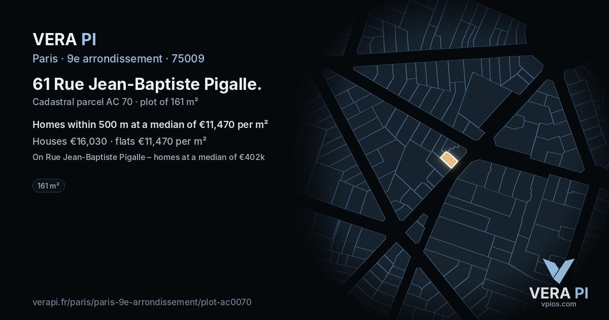 61 Rue Jean-Baptiste Pigalle, 9e arrondissement at night – the plot lit, the parcels around coloured by the prices near them