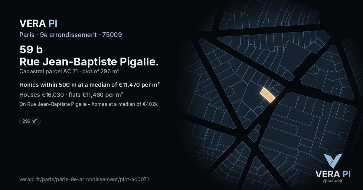 59 b Rue Jean-Baptiste Pigalle, 9e arrondissement at night – the plot lit, the parcels around coloured by the prices near them