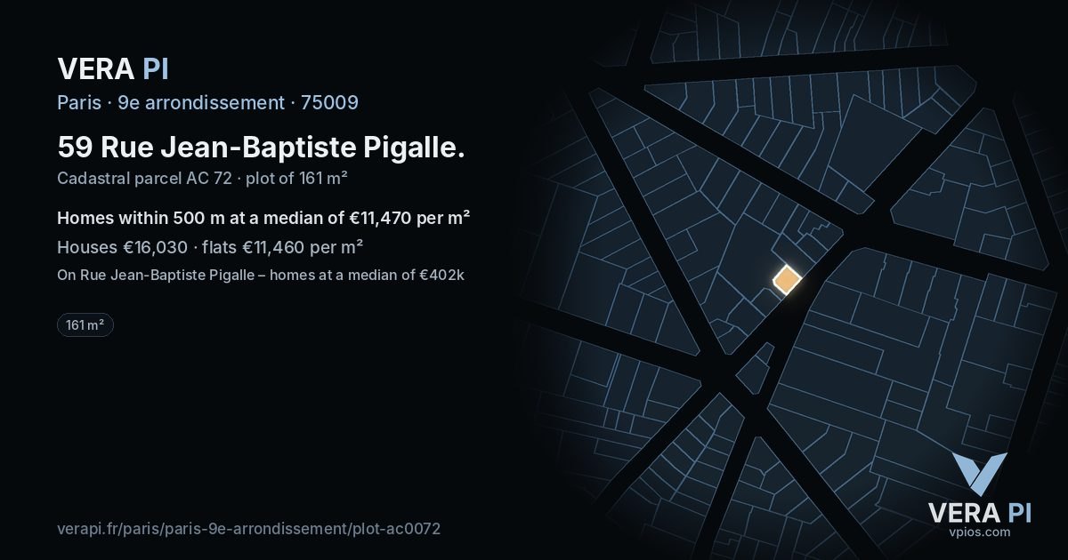 59 Rue Jean-Baptiste Pigalle, 9e arrondissement at night – the plot lit, the parcels around coloured by the prices near them