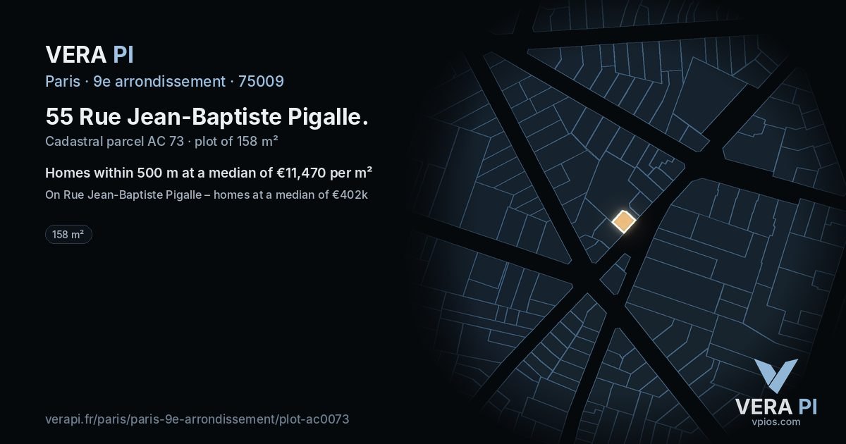 55 Rue Jean-Baptiste Pigalle, 9e arrondissement at night – the plot lit, the parcels around coloured by the prices near them
