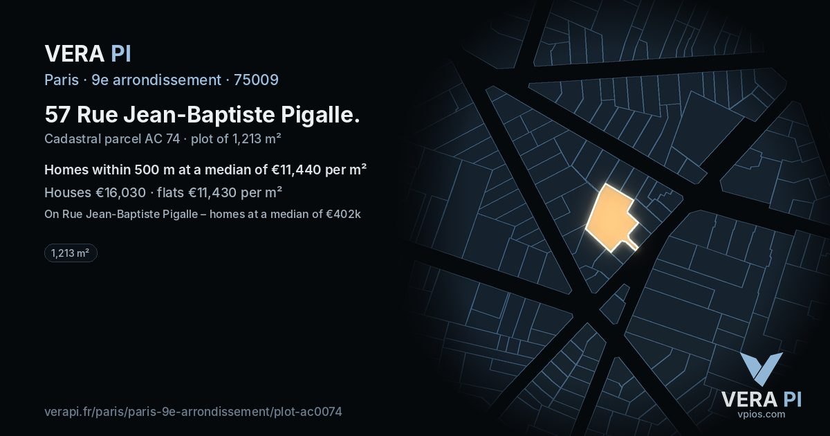 57 Rue Jean-Baptiste Pigalle, 9e arrondissement at night – the plot lit, the parcels around coloured by the prices near them