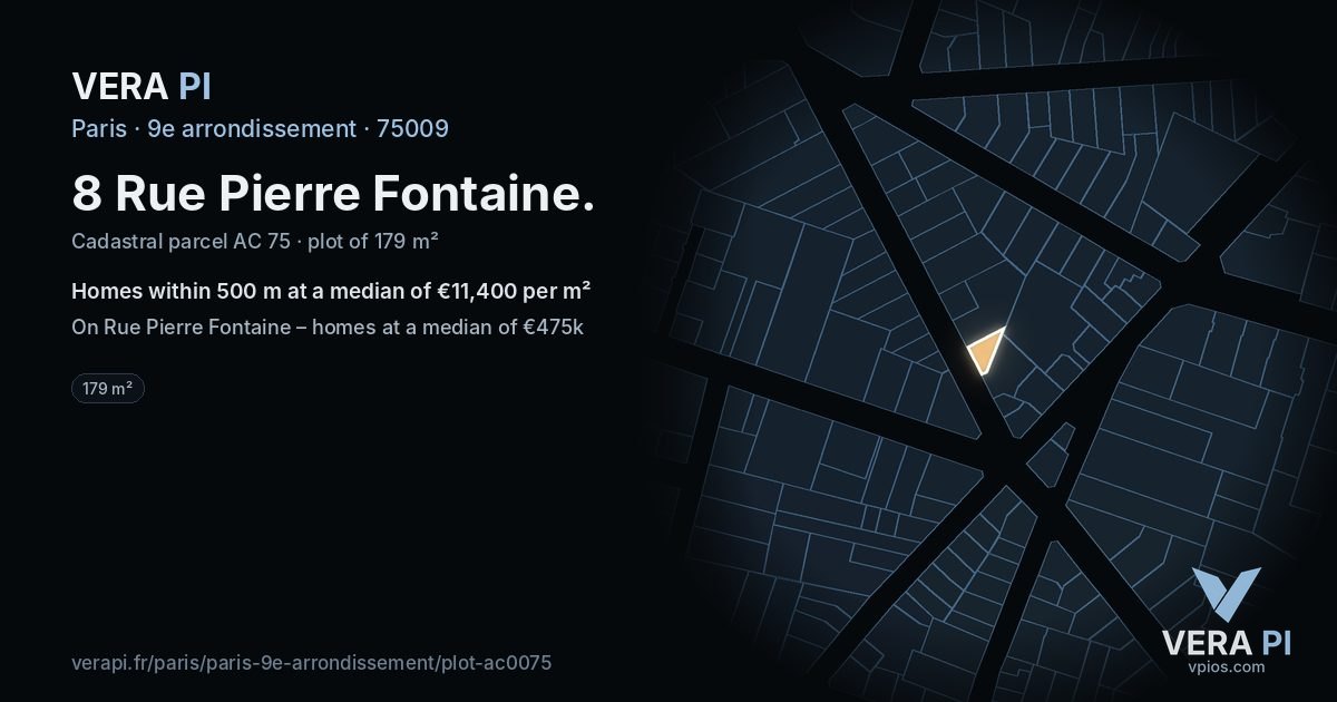 8 Rue Pierre Fontaine, 9e arrondissement at night – the plot lit, the parcels around coloured by the prices near them