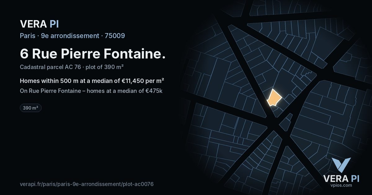6 Rue Pierre Fontaine, 9e arrondissement at night – the plot lit, the parcels around coloured by the prices near them
