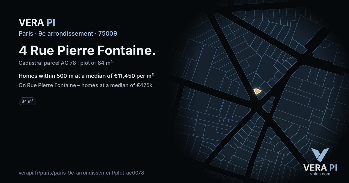 4 Rue Pierre Fontaine, 9e arrondissement at night – the plot lit, the parcels around coloured by the prices near them