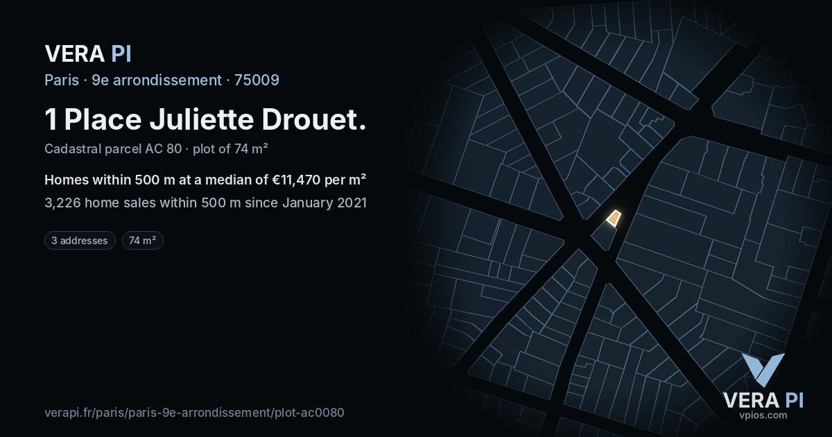1 Place Juliette Drouet, 9e arrondissement at night – the plot lit, the parcels around coloured by the prices near them