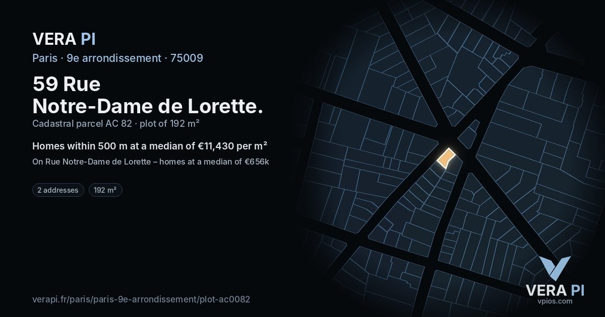 59 Rue Notre-Dame de Lorette, 9e arrondissement at night – the plot lit, the parcels around coloured by the prices near them