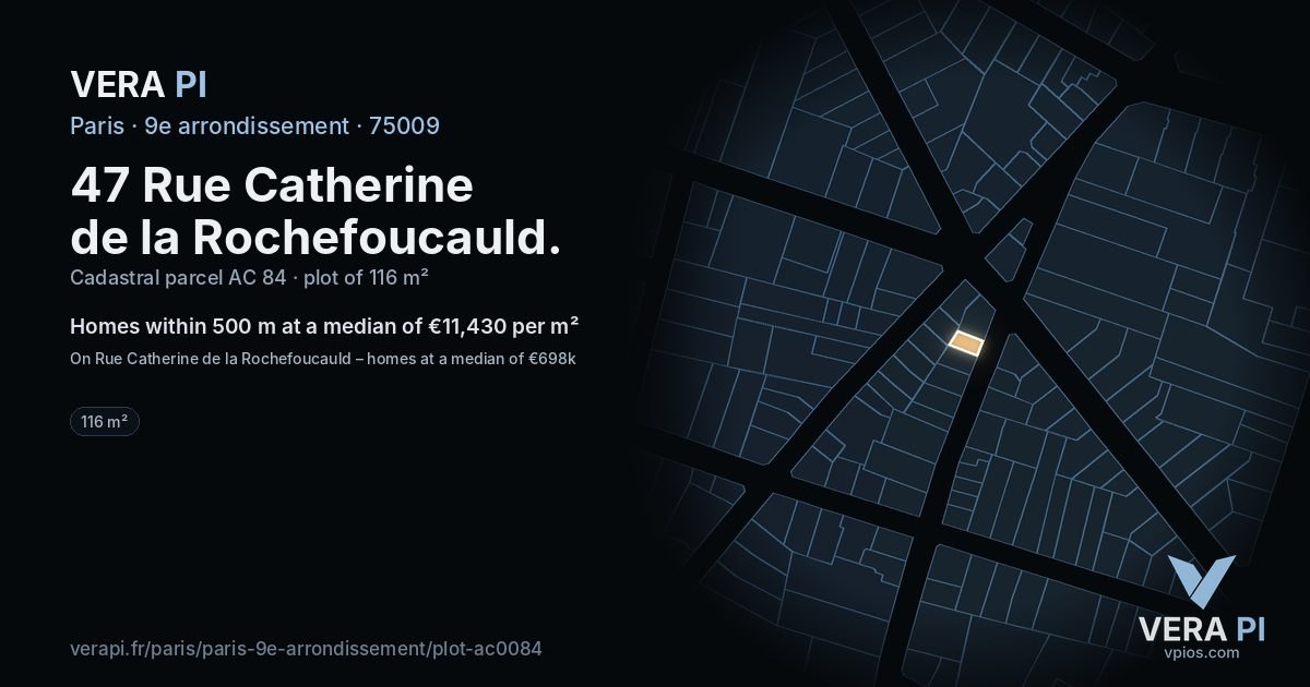 47 Rue Catherine de la Rochefoucauld, 9e arrondissement at night – the plot lit, the parcels around coloured by the prices near them
