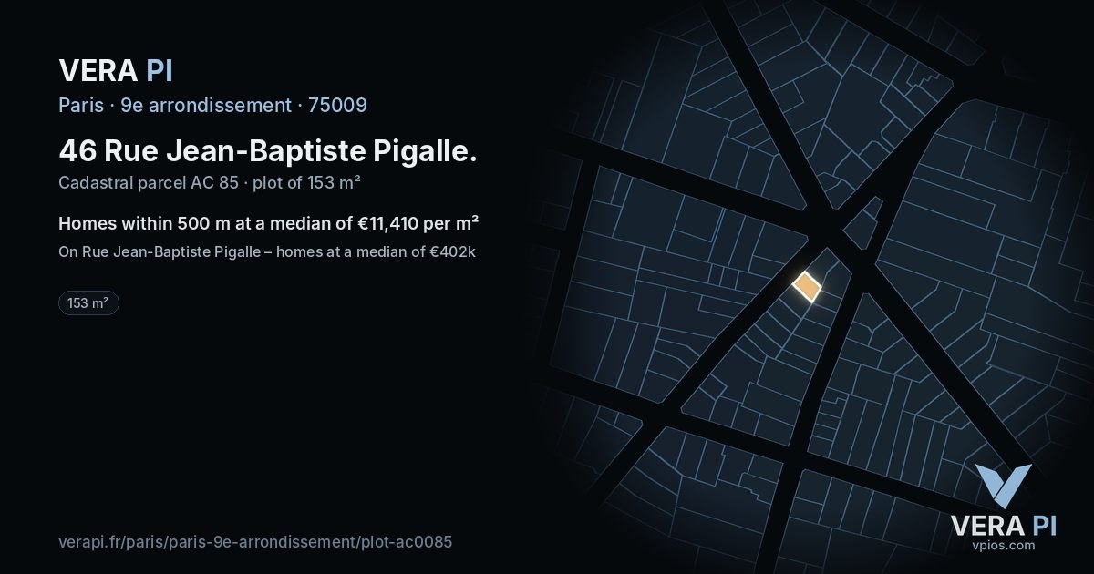 46 Rue Jean-Baptiste Pigalle, 9e arrondissement at night – the plot lit, the parcels around coloured by the prices near them