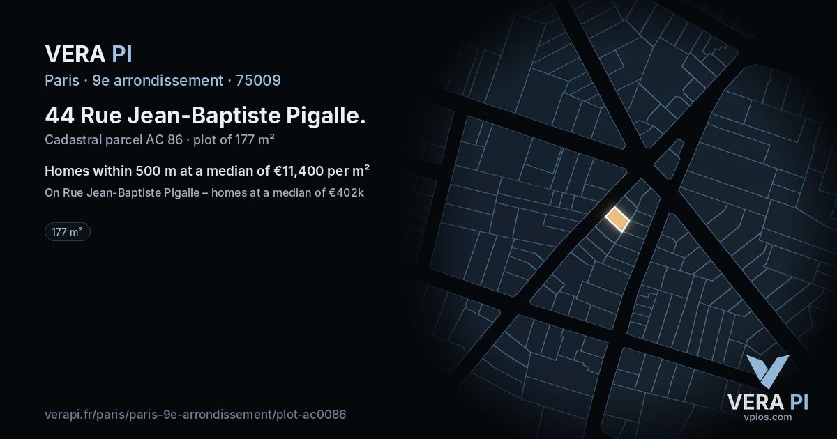 44 Rue Jean-Baptiste Pigalle, 9e arrondissement at night – the plot lit, the parcels around coloured by the prices near them
