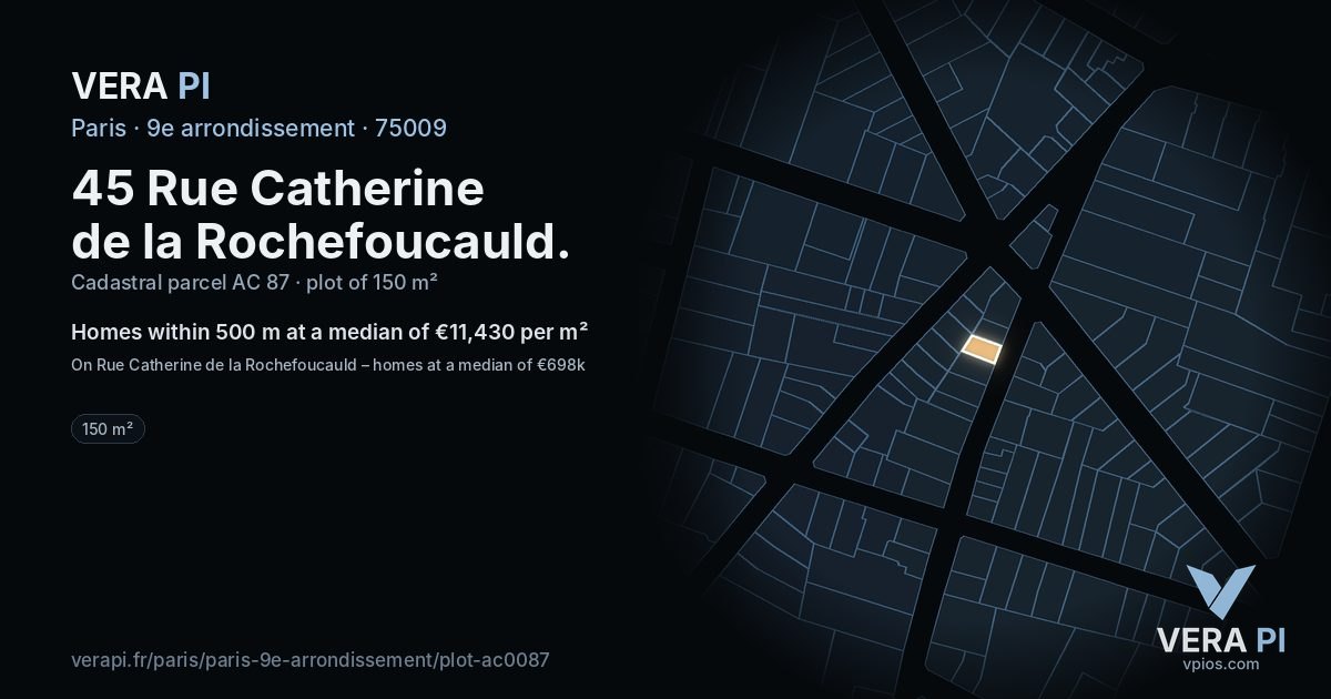 45 Rue Catherine de la Rochefoucauld, 9e arrondissement at night – the plot lit, the parcels around coloured by the prices near them