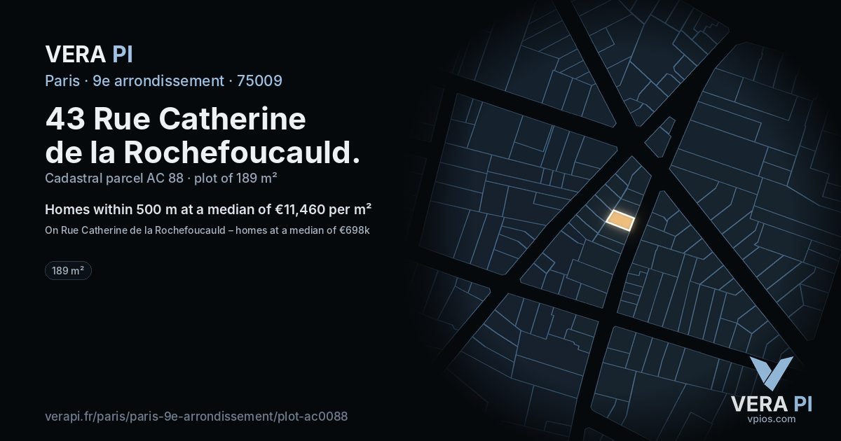 43 Rue Catherine de la Rochefoucauld, 9e arrondissement at night – the plot lit, the parcels around coloured by the prices near them