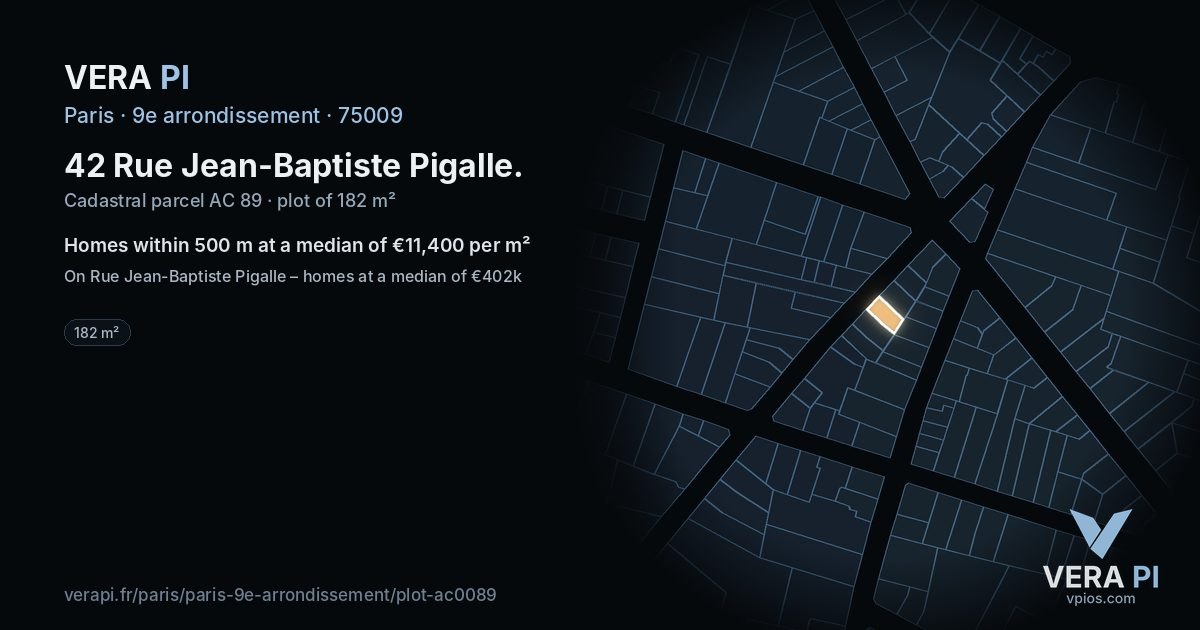 42 Rue Jean-Baptiste Pigalle, 9e arrondissement at night – the plot lit, the parcels around coloured by the prices near them