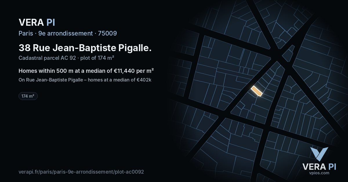 38 Rue Jean-Baptiste Pigalle, 9e arrondissement at night – the plot lit, the parcels around coloured by the prices near them