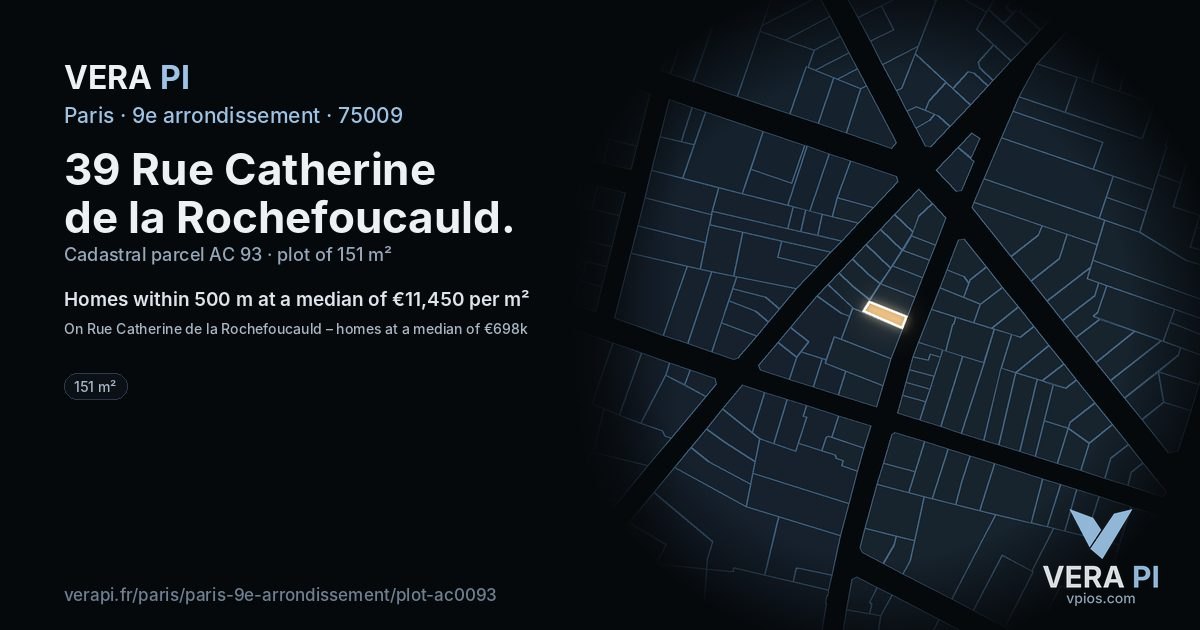 39 Rue Catherine de la Rochefoucauld, 9e arrondissement at night – the plot lit, the parcels around coloured by the prices near them