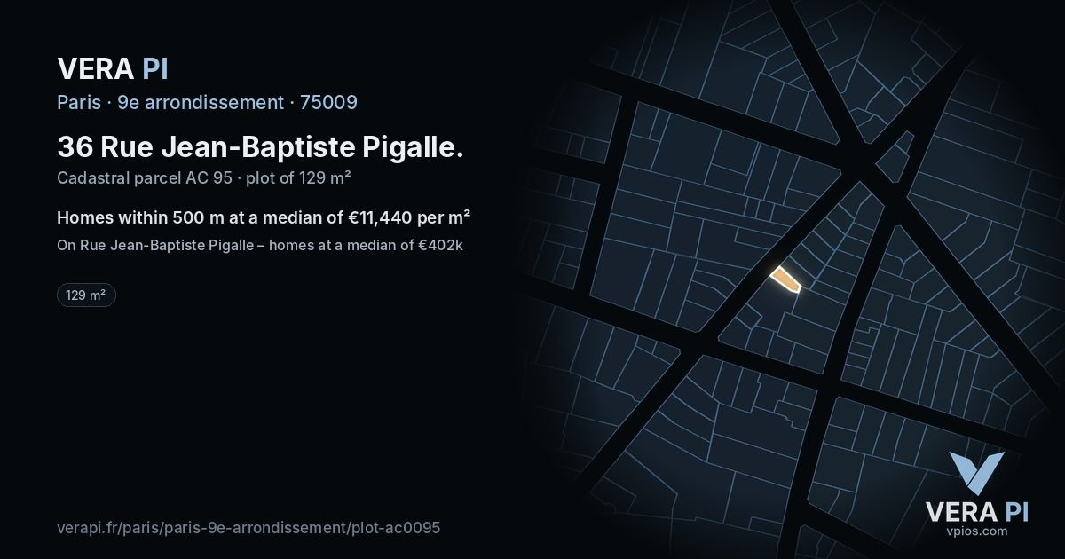 36 Rue Jean-Baptiste Pigalle, 9e arrondissement at night – the plot lit, the parcels around coloured by the prices near them