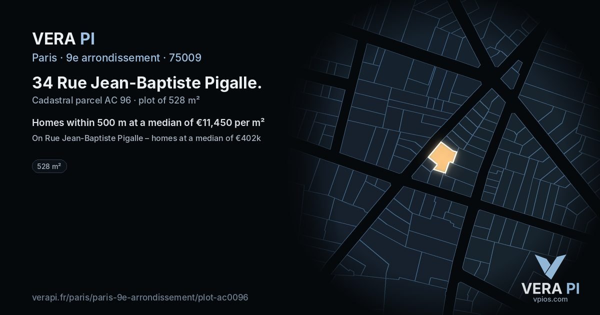 34 Rue Jean-Baptiste Pigalle, 9e arrondissement at night – the plot lit, the parcels around coloured by the prices near them