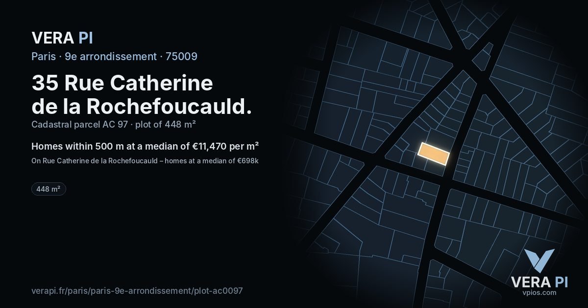 35 Rue Catherine de la Rochefoucauld, 9e arrondissement at night – the plot lit, the parcels around coloured by the prices near them