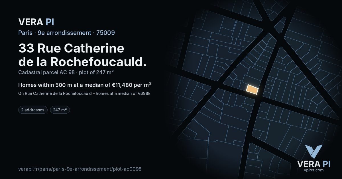 33 Rue Catherine de la Rochefoucauld, 9e arrondissement at night – the plot lit, the parcels around coloured by the prices near them