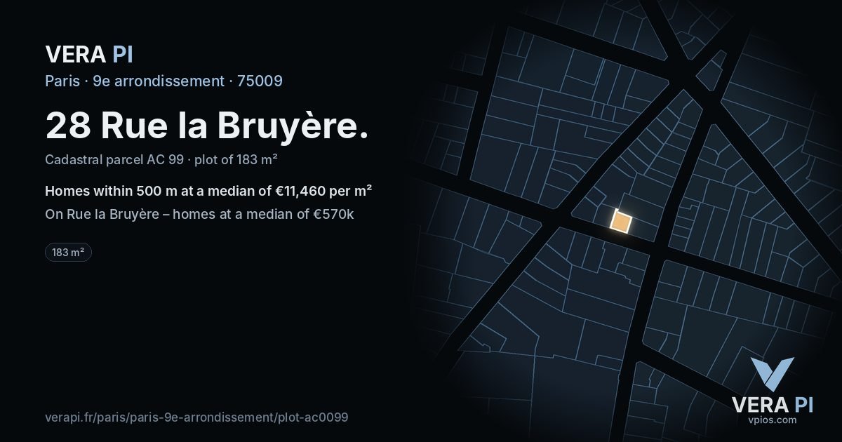 28 Rue la Bruyère, 9e arrondissement at night – the plot lit, the parcels around coloured by the prices near them