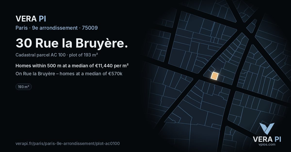30 Rue la Bruyère, 9e arrondissement at night – the plot lit, the parcels around coloured by the prices near them