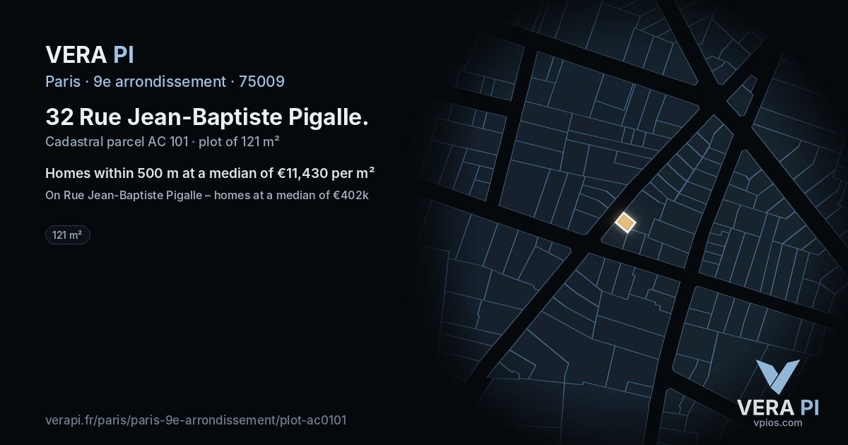 32 Rue Jean-Baptiste Pigalle, 9e arrondissement at night – the plot lit, the parcels around coloured by the prices near them