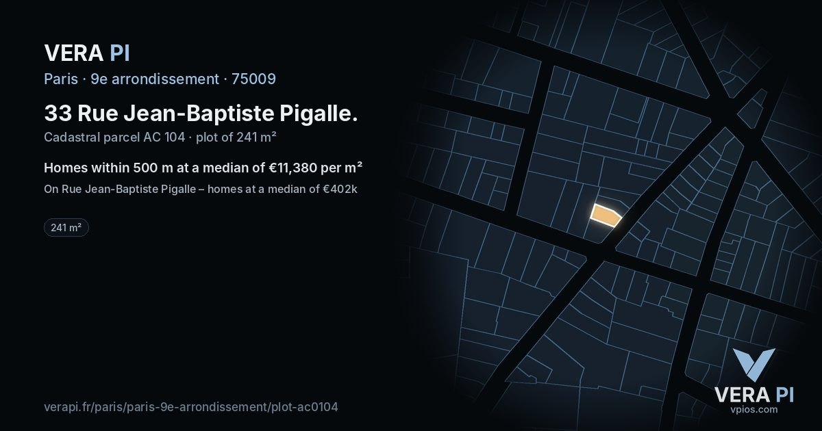 33 Rue Jean-Baptiste Pigalle, 9e arrondissement at night – the plot lit, the parcels around coloured by the prices near them