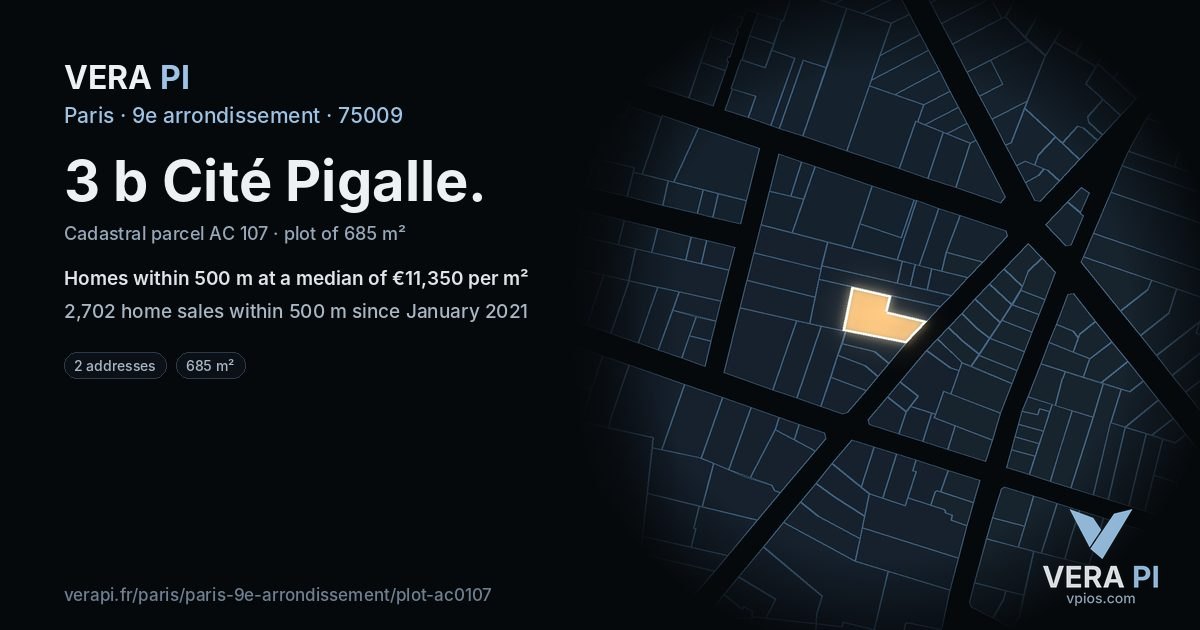 3 b Cité Pigalle, 9e arrondissement at night – the plot lit, the parcels around coloured by the prices near them