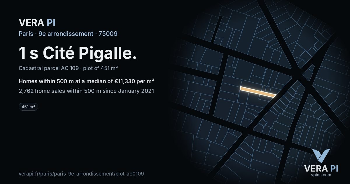 1 s Cité Pigalle, 9e arrondissement at night – the plot lit, the parcels around coloured by the prices near them