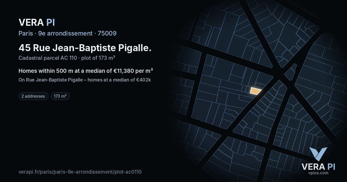 45 Rue Jean-Baptiste Pigalle, 9e arrondissement at night – the plot lit, the parcels around coloured by the prices near them