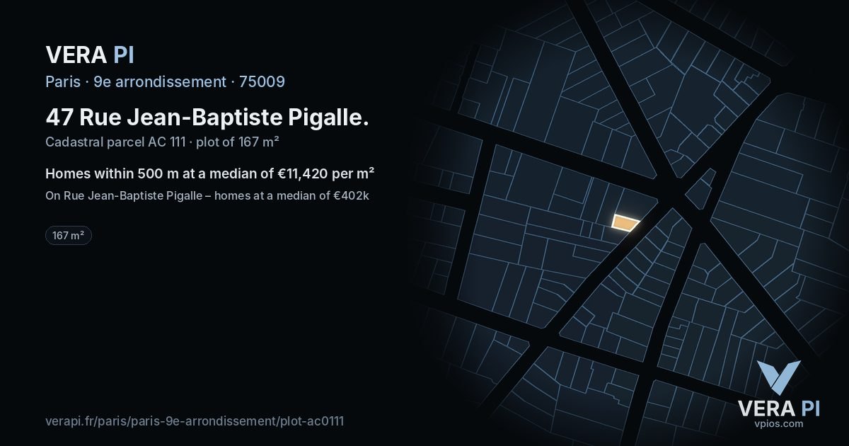 47 Rue Jean-Baptiste Pigalle, 9e arrondissement at night – the plot lit, the parcels around coloured by the prices near them