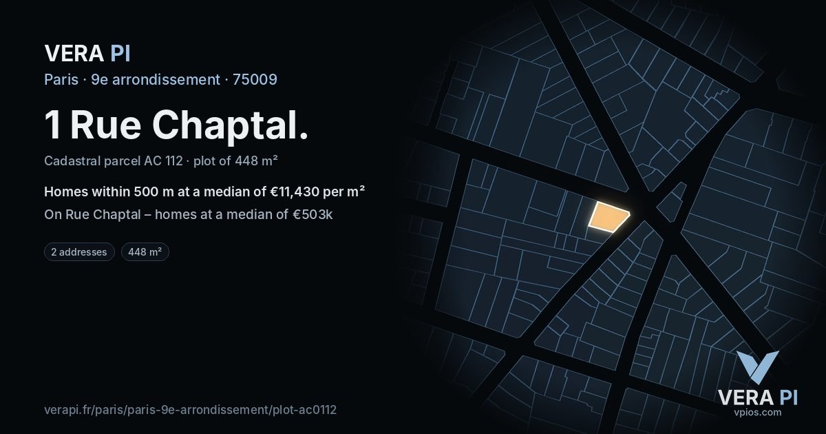 1 Rue Chaptal, 9e arrondissement at night – the plot lit, the parcels around coloured by the prices near them