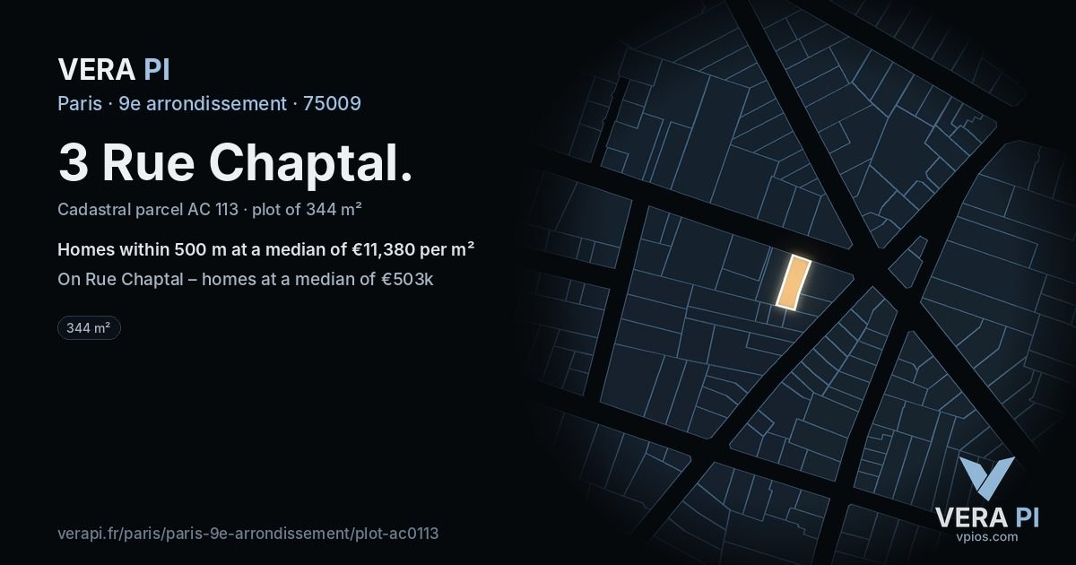 3 Rue Chaptal, 9e arrondissement at night – the plot lit, the parcels around coloured by the prices near them