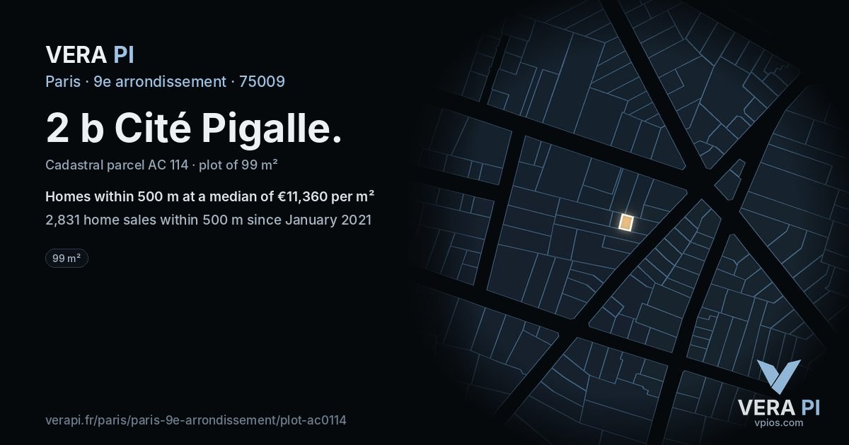 2 b Cité Pigalle, 9e arrondissement at night – the plot lit, the parcels around coloured by the prices near them