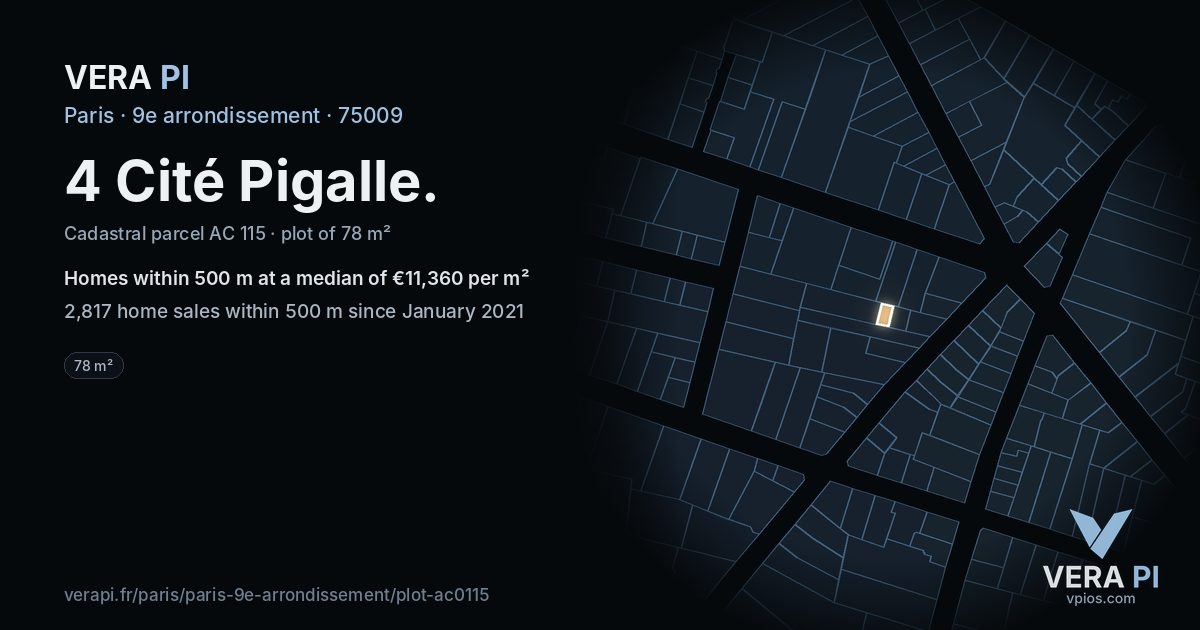 4 Cité Pigalle, 9e arrondissement at night – the plot lit, the parcels around coloured by the prices near them