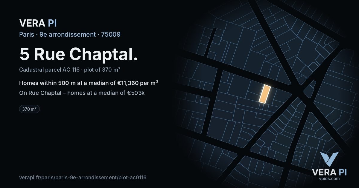 5 Rue Chaptal, 9e arrondissement at night – the plot lit, the parcels around coloured by the prices near them