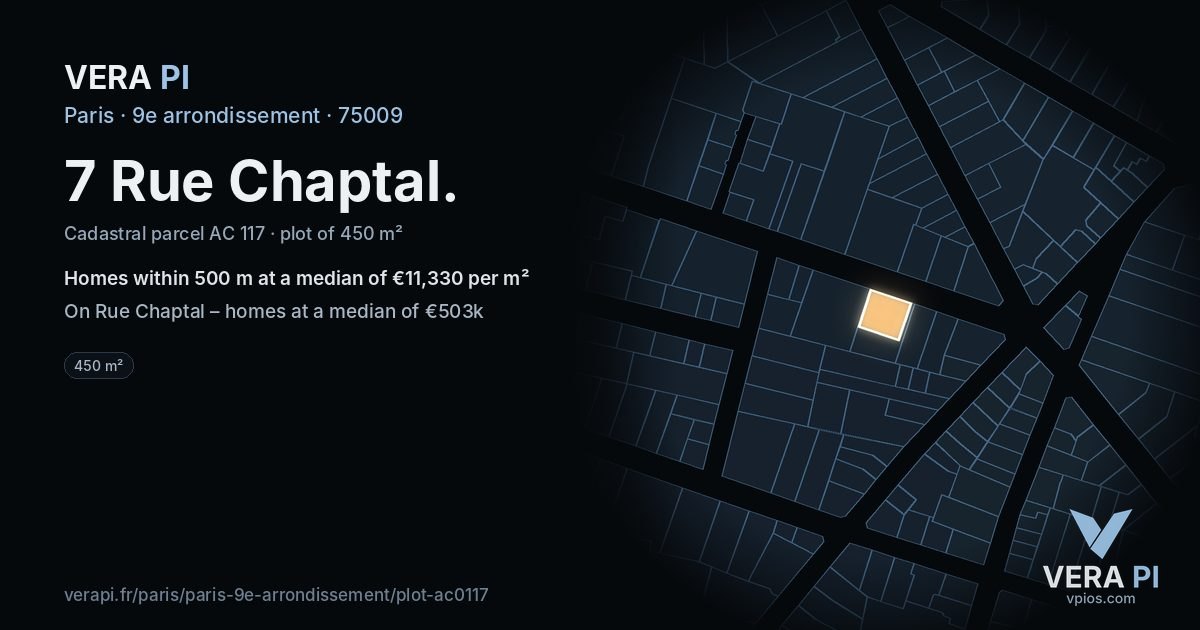 7 Rue Chaptal, 9e arrondissement at night – the plot lit, the parcels around coloured by the prices near them