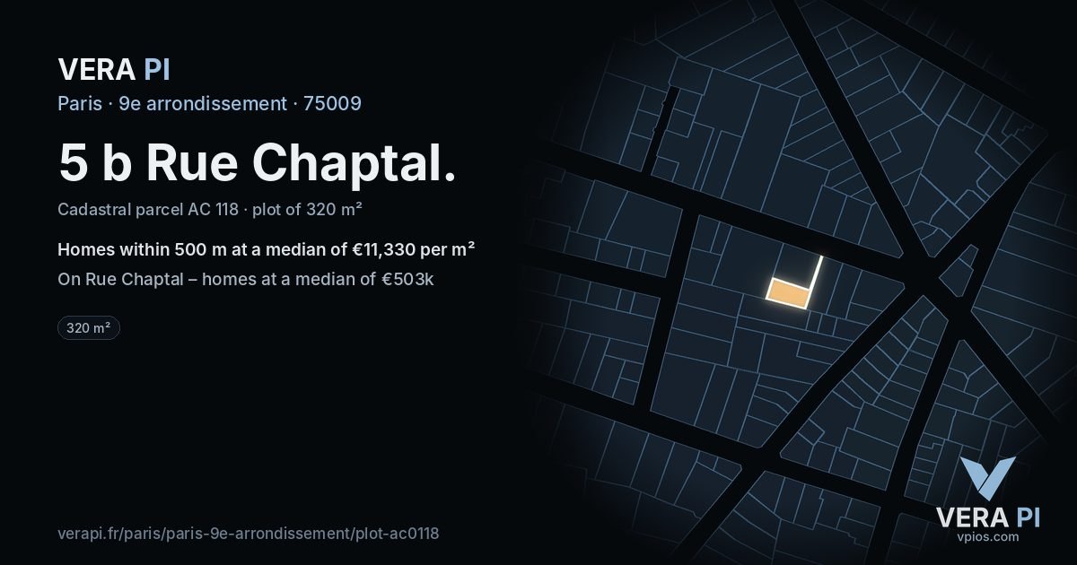 5 b Rue Chaptal, 9e arrondissement at night – the plot lit, the parcels around coloured by the prices near them