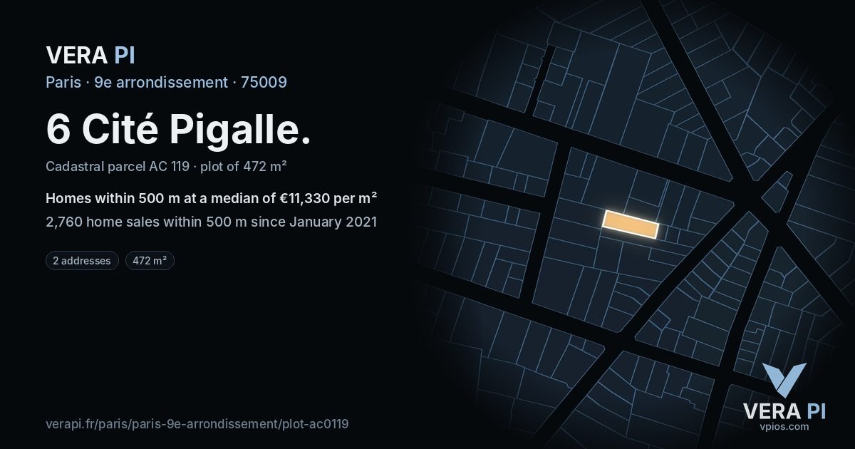 6 Cité Pigalle, 9e arrondissement at night – the plot lit, the parcels around coloured by the prices near them