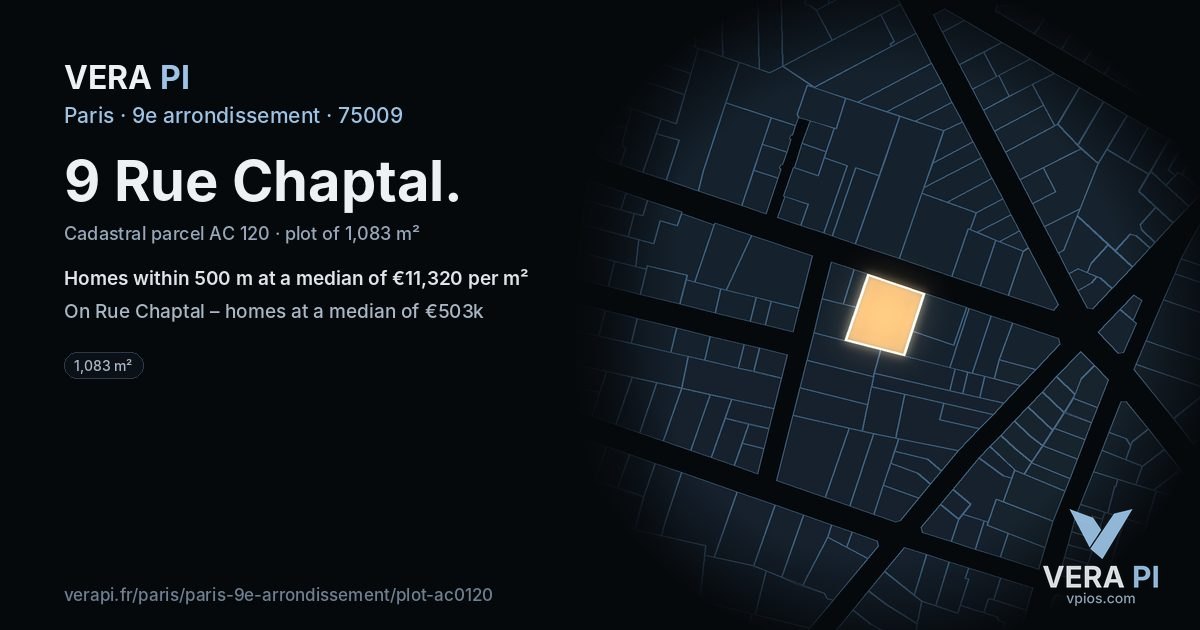 9 Rue Chaptal, 9e arrondissement at night – the plot lit, the parcels around coloured by the prices near them