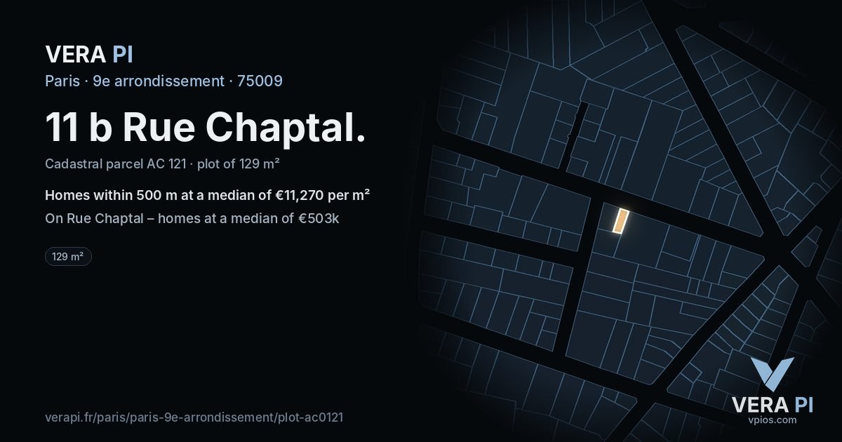 11 b Rue Chaptal, 9e arrondissement at night – the plot lit, the parcels around coloured by the prices near them